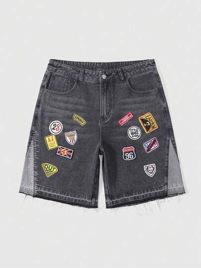 Prep Herren Buchstaben Stickerei Patch Tasche Fransensaum Lässig Denim Shorts