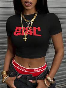 Rovax Women's Casual Fitted Short Sleeve Cropped Round Neck T-Shirt, Summer - Black - View 3