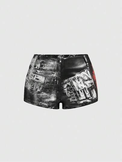 ROMWE Avant Pantalones cortos súper cortos de mujer con cierre de cremallera de metal de cintura baja y estilo retro de motociclista sexy