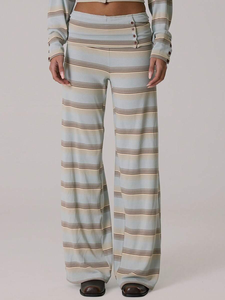 MUSERA 条纹高腰翻折纽扣阔腿套装裤，休闲可爱冬季舒适居家休闲风 Coco Cloud - 彩色 - 查看 1