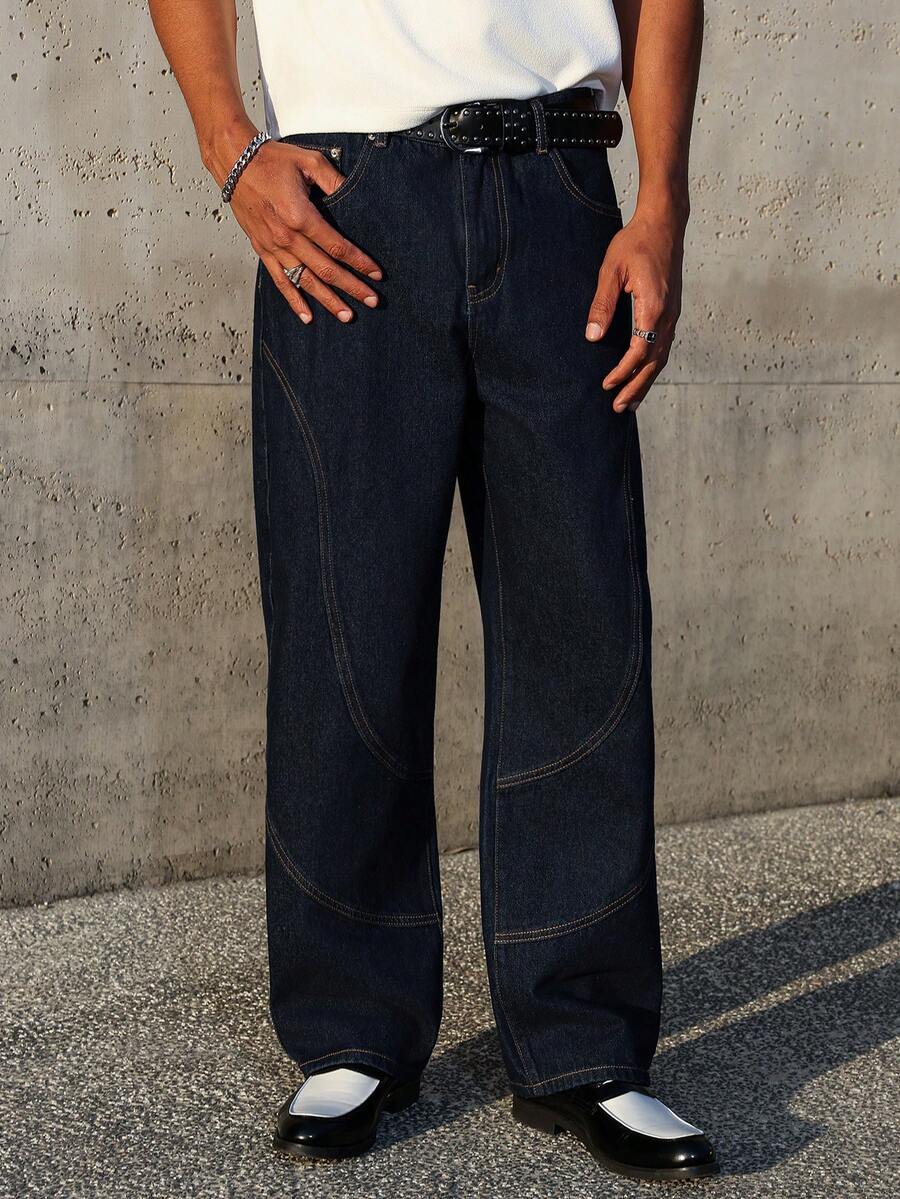 Manfinity EMRG 男士阔腿拼接牛仔裤 男士宽松牛仔裤 - 深色水洗藍 - 查看 1