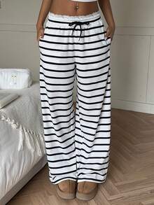 SHEIN EZwear 女士条纹蕾丝边抽绳腰带口袋休闲百搭阔腿裤 - 黑色 - 查看 4