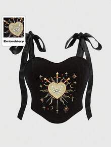 ROMWE Plus Size Women Gothic Lolita Style Heart Embroidery Rhinestone Crystal Teardrop Star Decor Square Neck Lace-Up Camisole Crop Top - Black - View 1