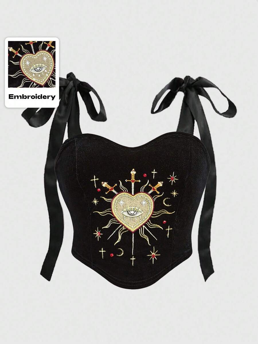 ROMWE Plus Size Women Gothic Lolita Style Heart Embroidery Rhinestone Crystal Teardrop Star Decor Square Neck Lace-Up Camisole Crop Top - Black - View 1