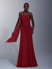 Elitara Elegant Gray-Green High-Stretch Knit Mesh Ruched Bust, Waist Slimming Twist Fishtail Hem Dress (Detachable Halter) Flowing Fishtail Skirt, Suitable For Dates, Vacations, Singles Parties, Weddings, And All Formal Occasions, Formal Evening Gown