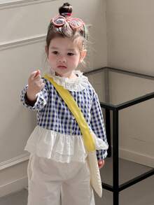 DAZY Toddler Girls' Lace Plaid Ruffle Trim Long Sleeve Blouse, Spring/Autumn