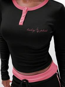 BABYPHAT Ribbed Henley Long Sleeve Top With Contrast Pink Trim And Button Front Detail For Casual Everyday Wear - Black - View 7