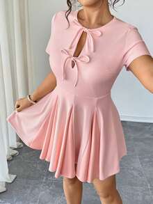 Elenzga Plus Size Dusty Pink Summer Elegant Wedding Guest Mini Dress,Sweet & Spicy Tie-Front Hollow-Out Waist Cinching Pink Bow Dress,Patchwork Skirt Hem - Pink - View 4