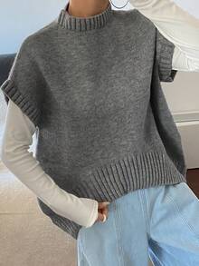 DAZY Chaleco de punto de cuello redondo con ajuste holgado y sin mangas - Gris - Ver 3