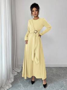 Elenzga 女士优雅纯色圆领交叉系带A字长袖连衣裙，适合休闲、通勤、度假、下午茶、圣诞派对等场合。 - 黃色 - 查看 6