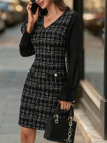 Editum 女式时尚优雅V领粗花呢中长连衣裙