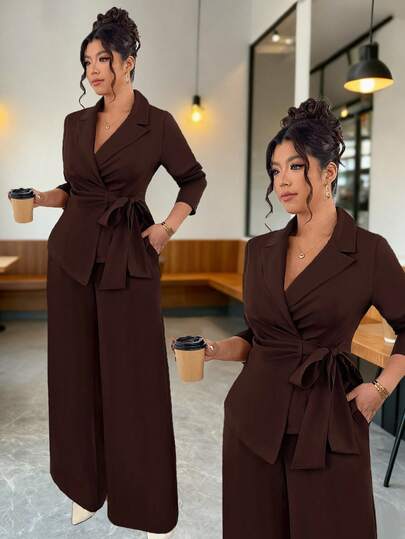 Elenzga Plus Size Women 2 Piece Suit Set, Long Sleeve Jacket With Tie Bow And Asymmetric Design, Wide Leg Pants, Elegant For Girlfriend Party, New Year, Date, Christmas Party, Commuting, Fashion Streetwear, Brown