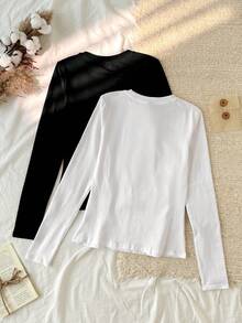 Tseoso 2件黑白休闲长袖修身长T恤套装，适合秋冬季