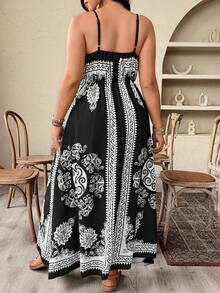 Weeklong Plus Size Women Elephant Print Asymmetric Strap Vacation Dress - Black - View 2