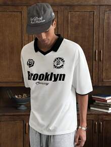 SWAVVY 男士字母印花短袖休闲宽松 Polo 衫 - 白色 - 查看 4