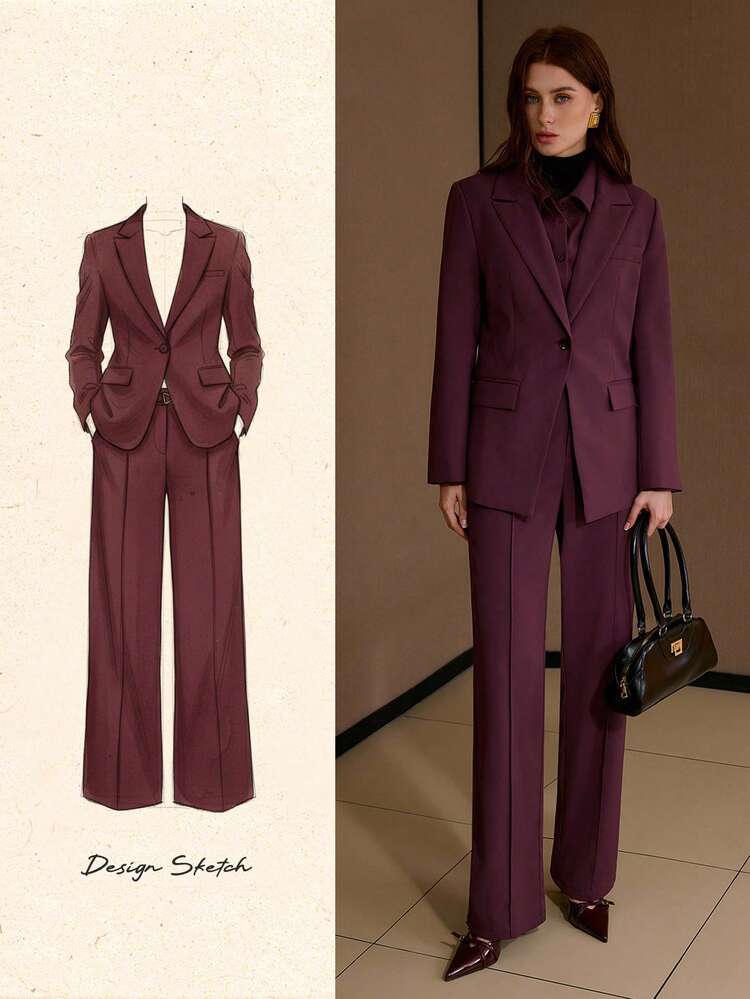 WOMEN'S BURGUNDY STRAIGHT LEG SUIT PANTS WITH SLANT POCKETS, ELEGANT OFFICE WEAR & VERSATILE ALL-MATCH