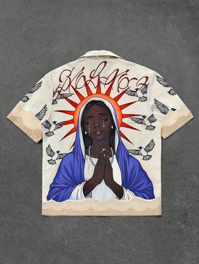 PAVTROS Men's Khaki Avant-Garde Hip-Hop Streetwear Shirt With Letter Pattern And Short Drop Shoulder Sleeves