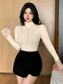 DAZY Women's Lace Trim Mock Neck Fitted Sweater, Stylish Layering Top For Autumn/Winter - White - View 9