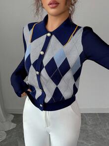 Elenzga Elegant Blue & White Argyle Pattern Turndown Collar Faux Placket Long Sleeve Knit Sweater, Suitable For Commuting And Everyday Wear, Autumn/Winter - Blue - View 5