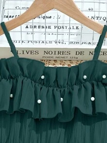 SHEIN Tween Girls' Casual Woven Dress With Ruffled Off Shoulder Adjustable Neckline, Simple Design, Dress Only (Belt Sold Separately For Styling) - Dark Green - View 5