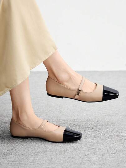 CUCCOO BIZCHIC 女士方头平底玛丽珍鞋，杏色，金属搭扣装饰，舒适套脚平底鞋，适合搭配连衣裙