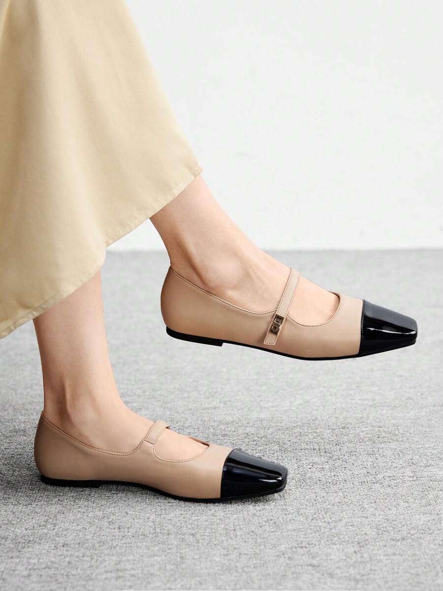 CUCCOO BIZCHIC 女士方头平底玛丽珍鞋,杏色,金属搭扣装饰,舒适套脚平底鞋,适合搭配连衣裙 - 杏色 - 查看 1