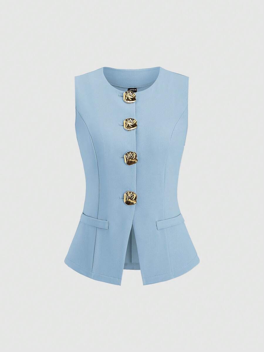 Sweetra Tall Top sin mangas minimalista y básico de mujer alta con botones grandes de metal estilo francés - Azul - Ver 1