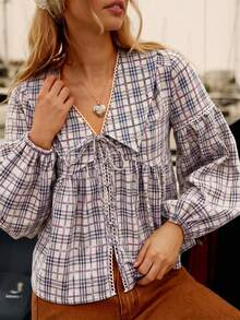 WESTFADE ملابس علوية ملابس علوية قطنية مربعات الياقة على شكل V مع ربطة عنق، أكمام فانوس طويلة، قصة فضفاضة، طبقات من الكشكشة، مناسب للخريف والشتاء والملابس الغربية والكاجوال والبوهيمي والحفلات الريفية - كاكي - مشاهدة 3