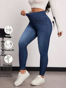 SHEIN Tall Winter Summer Women's High-Stretch Comfort Knit Denim High Waist Skinny Casual Versatile Blue Denim Jeans - Dark Wash - View 1