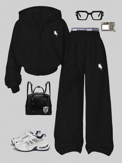 Sparklyn 2pcs Girls Hooded Zip-Up Jacket Crop Top & Loose Fit Elastic Waist Wide Leg Casual Pants Set, Autumn