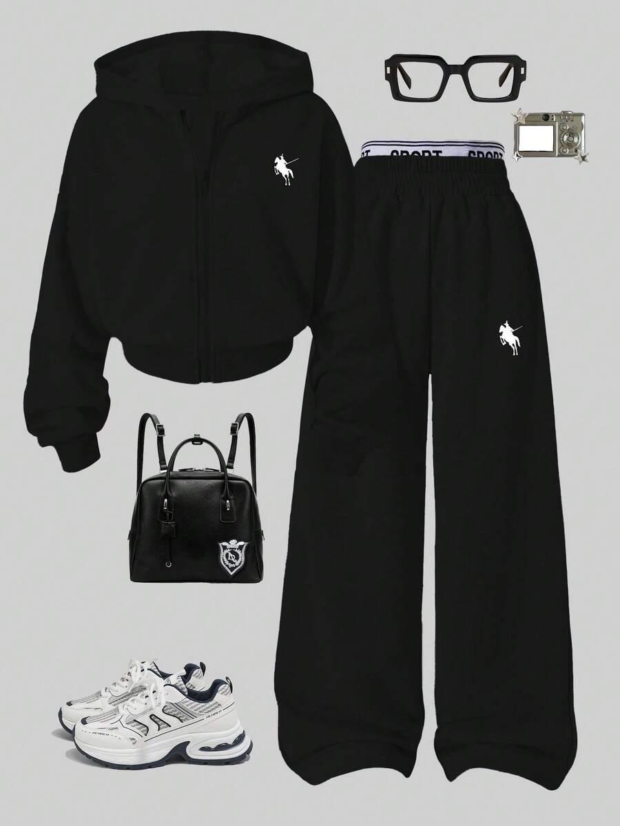 SHEIN 2件套女童连帽拉链外套短款上衣和宽松弹力腰阔腿休闲裤套装，秋季 - 黑色 - 查看 1