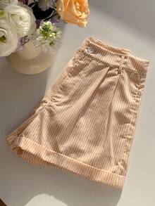 SHEIN EZwear 女士休闲条纹卷边短裤，夏季 - 黃色 - 查看 4
