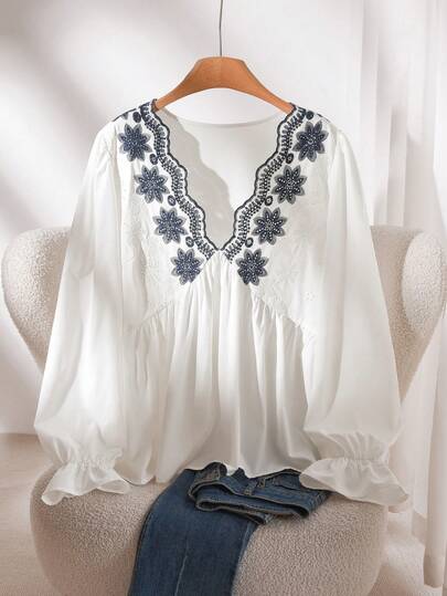 CosyJoli Plus Size V-Neck Embroidered Waist A-Line Blouse White Boho Top Casual For Women Boho Tops For Women