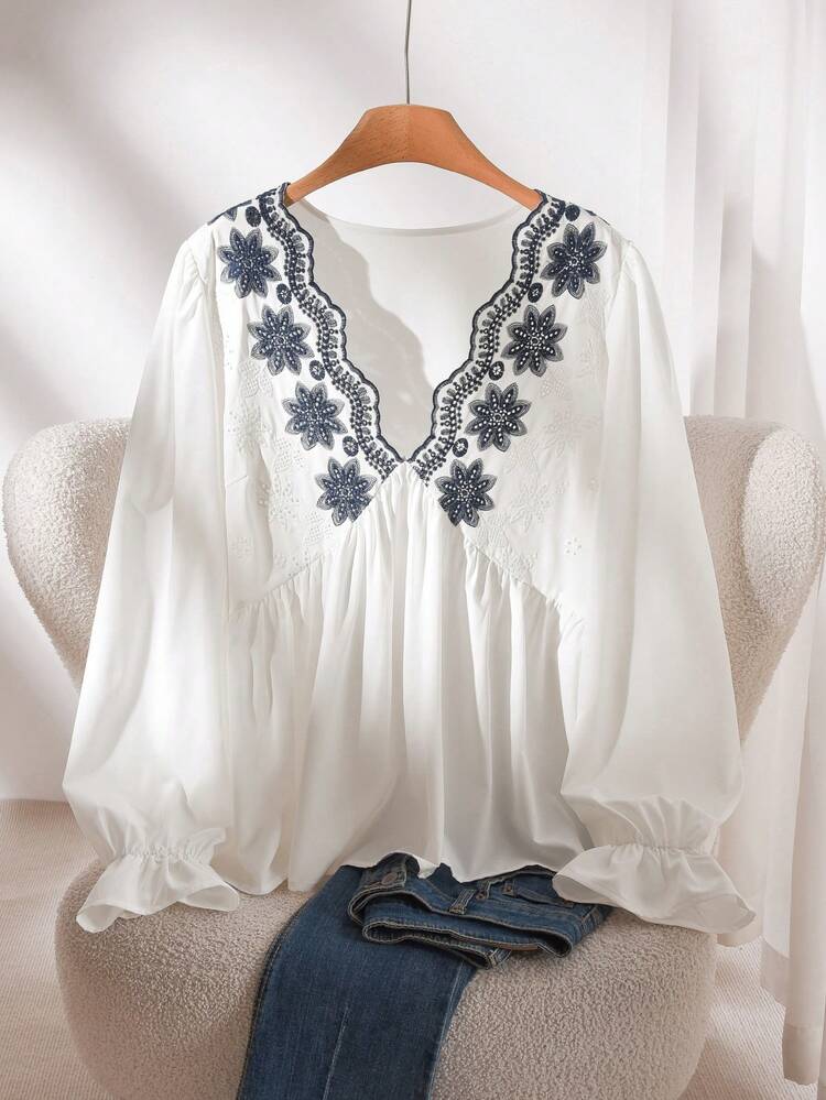 CosyJoli Plus Size V-Neck Embroidered Waist A-Line Blouse White Boho Top Casual For Women Boho Tops For Women - White - View 1
