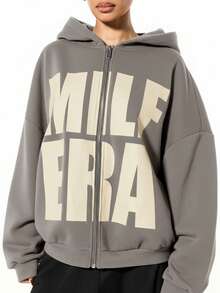 SUMWON WOMEN Áo hoodie dáng rộng có khóa kéo, in chữ nổi bật và kiểu dáng thoải mái, thích hợp cho phong cách đường phố thường ngày. - Xám - Xem 5