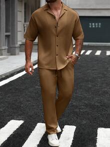 Manfinity Homme Men's Plaid & Solid Color Jacquard Short Sleeve Shirt + Drawstring Elastic Waist Pants, Essential Outfit For Men In Summer - Coffee Brown - View 6