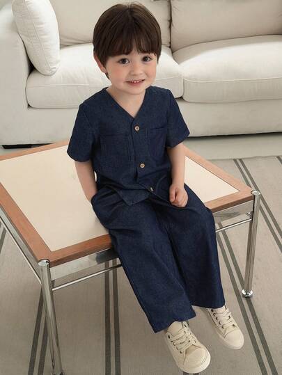 DAZY Bộ 2 món áo sơ mi tay ngắn cổ chữ V và quần denim thường ngày cho bé trai