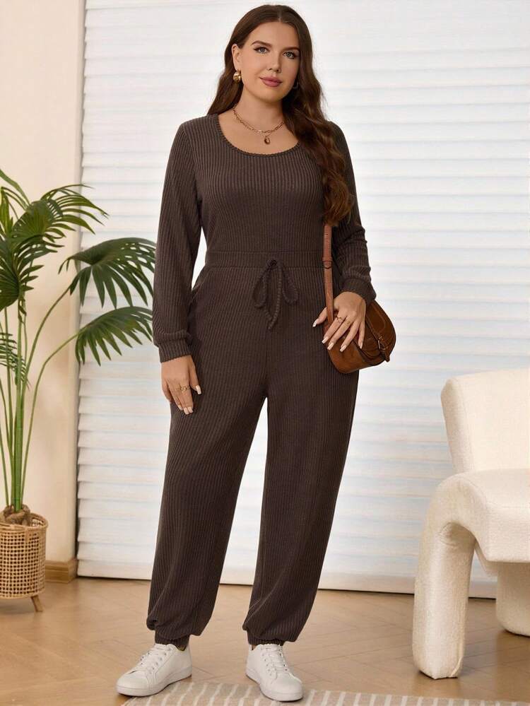 Plus Size Women's Winter /Fall Casual Solid Color Brown Round Neck Long Sleeve Warm Jumpsuit With Pockets, Autumn/Winter,Going Out Outfits,2025 New Clothes,Simple And Fashionable For Everyday Wear, Plus Size Winter Clothes,Christmas Outfit For Women ,New Year Clothes,Thanksgiving Outfit For Women