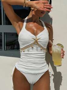 Swim Vcay 女士夏季度假休闲沙滩装纯白色两件套，吊带系带，海星贝壳装饰背心和比基尼，特殊纹理面料泳衣套装 - 白色 - 查看 1