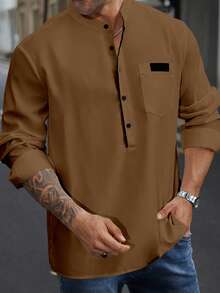 Manfinity Homme Kemeja Kasual Pria Ukuran Besar dengan Kancing Setengah, Musim Gugur - Coklat - View 4