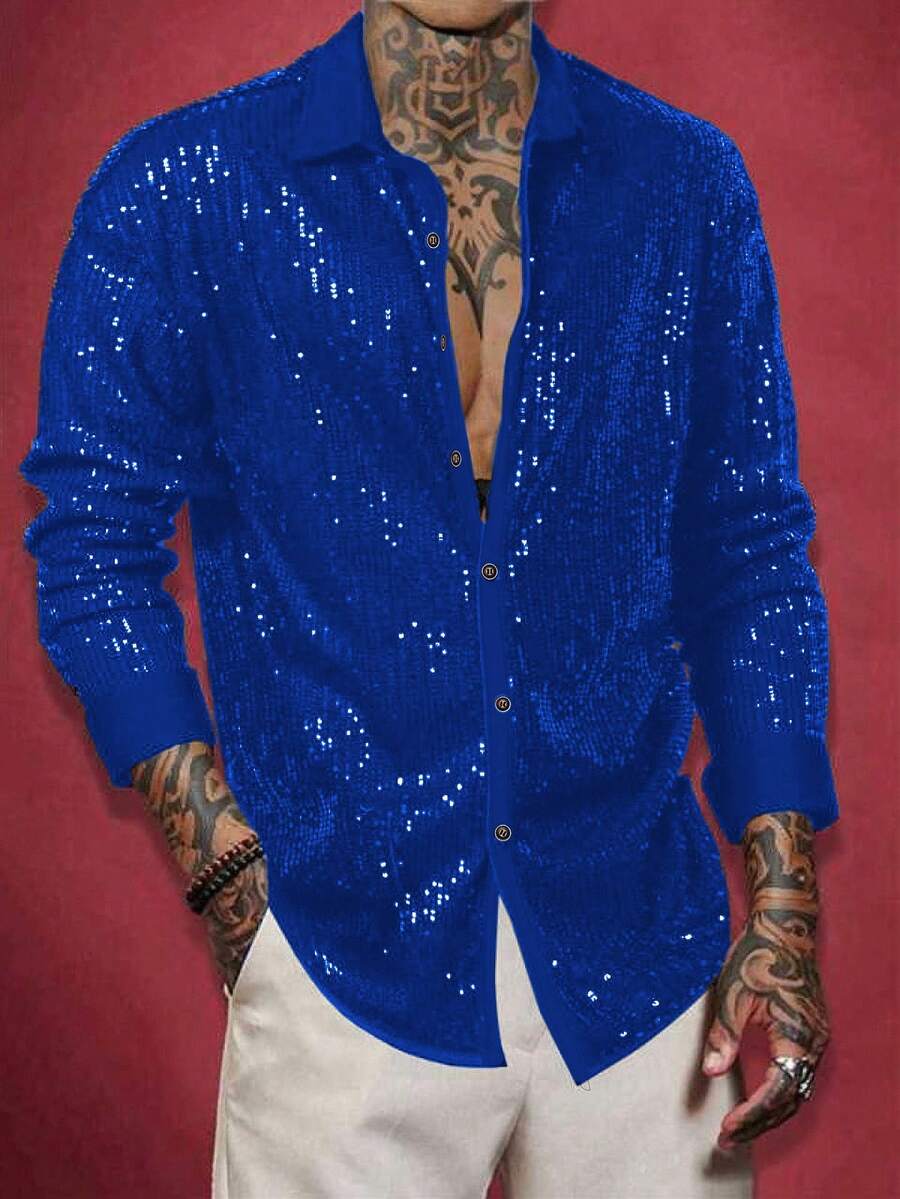 Manfinity AFTRDRK Men's Fashionable Party Sequin Long Sleeve Shirt Rhinestone Clothes Men Mens Sparkly Shirt Mens Sequin Shirt, Men Luxury Clothes For Men Happy New Year 2026 Gold Men Jacket