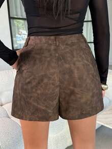 Lavishia 女士复古棕色PU皮短裤，通勤款 - 咖啡棕 - 查看 2