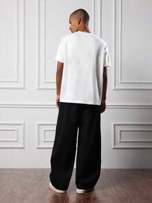 SUMWON 男士宽松阔腿套穿裤，侧边口袋，休闲舒适，日常穿着，休闲百搭纯色 - 黑色 - 查看 5