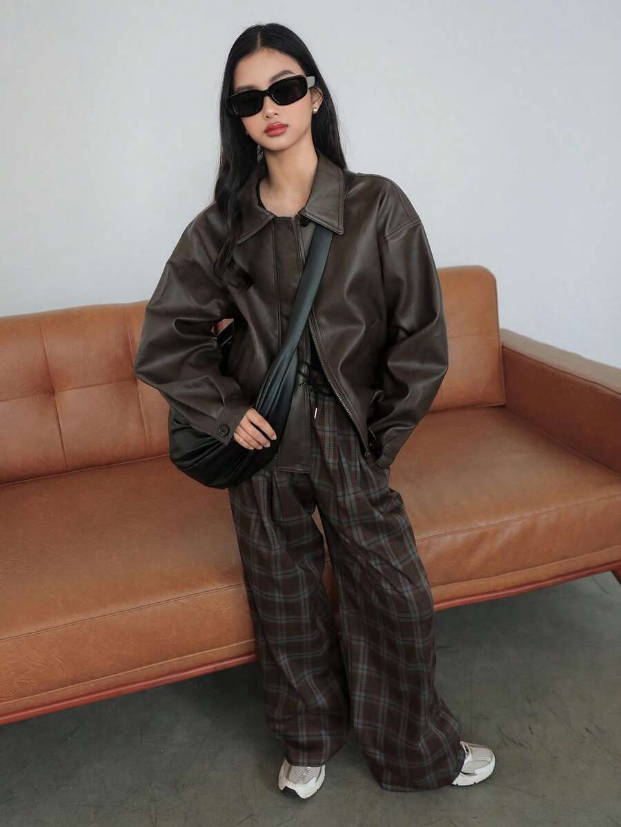 DAZY Teen Girls Plaid Casual Everyday Pants - Coffee Brown - View 1