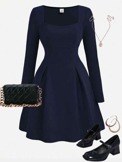 Girlism Elegant Casual Square Neck Waist Cinched Long Dress For Teen Girls, Suitable For Autumn/Winter, Party, Outing, Blue Dark Blue Dress Navy Blue Dress Dress Elegant Fit And Flare Dress Blue Dresses Classy Elegant