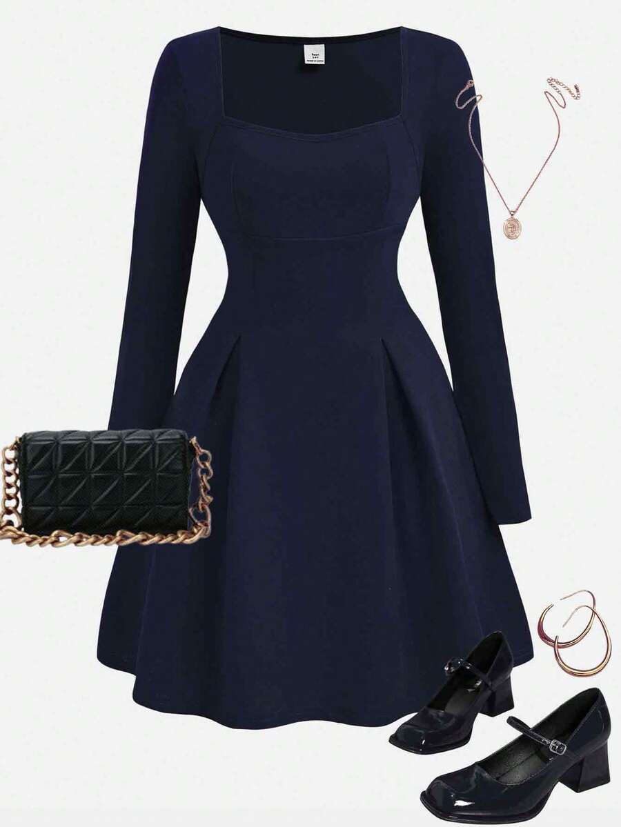 Girlism Đầm dài cổ vuông thắt eo thanh lịch, giản dị dành cho bé gái tuổi teen, thích hợp cho mùa thu/đông, tiệc tùng, đi chơi, màu xanh lam - Màu xanh hải quân - Xem 1