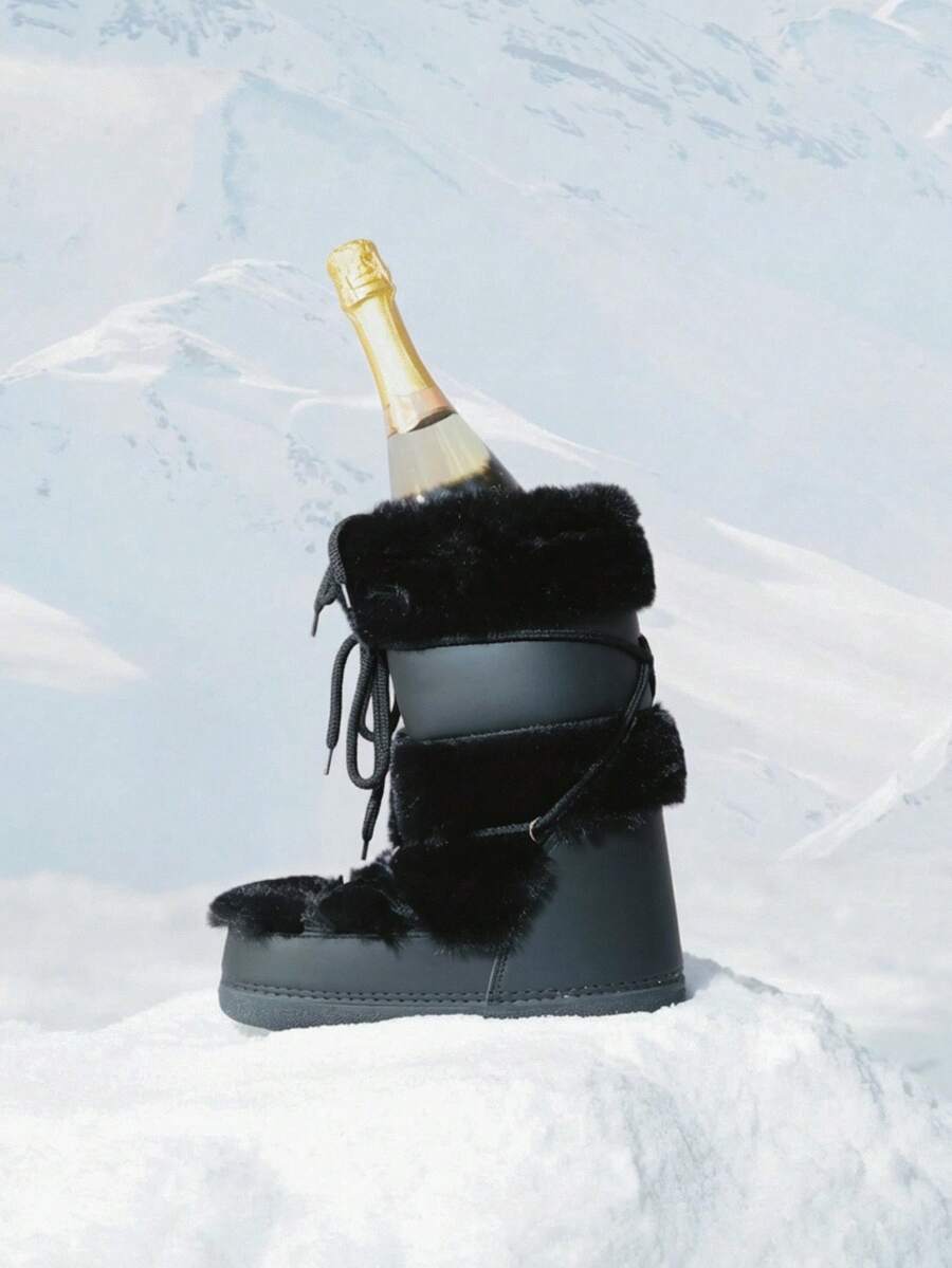 CUCCOO SZL Women Shoes Autumn And Winter New Warm Inner Height Increase Comfortable Bow Straps Moon Boots Round Toe Flat Bottom Casual Hot Girl Wind Fluff Black Snow Boots Outside Wear Snow Women - Black - View 1