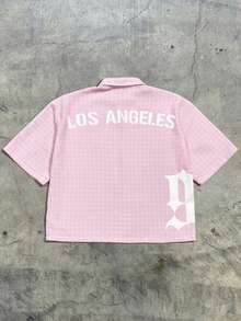 AXEPEAK Men's Loose Fit Letter & Plaid Print Short Sleeve Woven Shirt - Pink - View 2