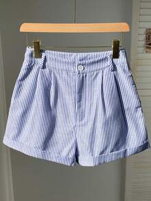 Comfortcana Quần short sọc xếp ly cuộn gấu rộng thoải mái cho nữ - Xanh và trắng - Xem 3