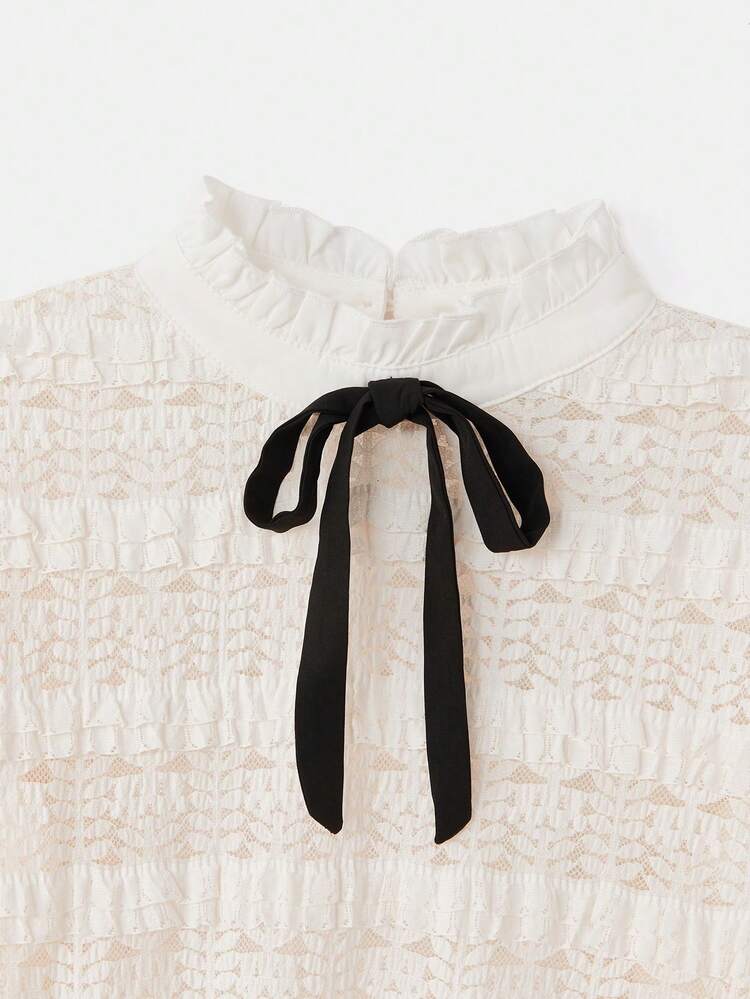 White High Neck Ruffled Lace Top With Contrast Black Tie Detail Vintage Spring Summer French Style Clothes Party Top Chic White Top
